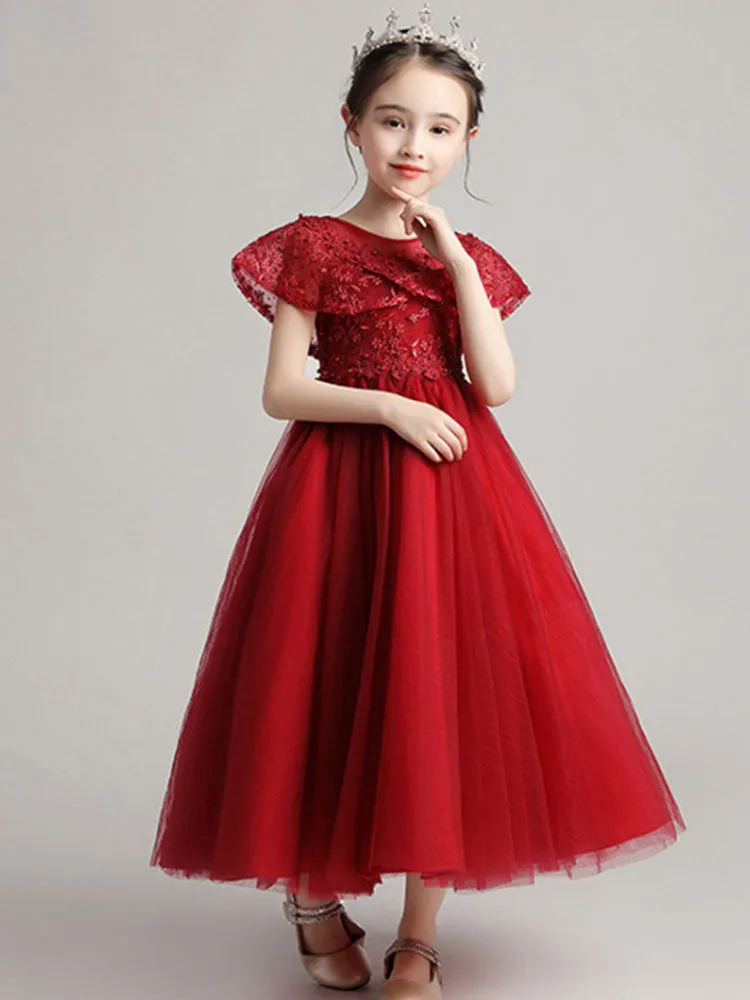 Pretty Jewel Neck Tulle Sleeveless Ankle Length Princess Embroidered Kids Party Dress