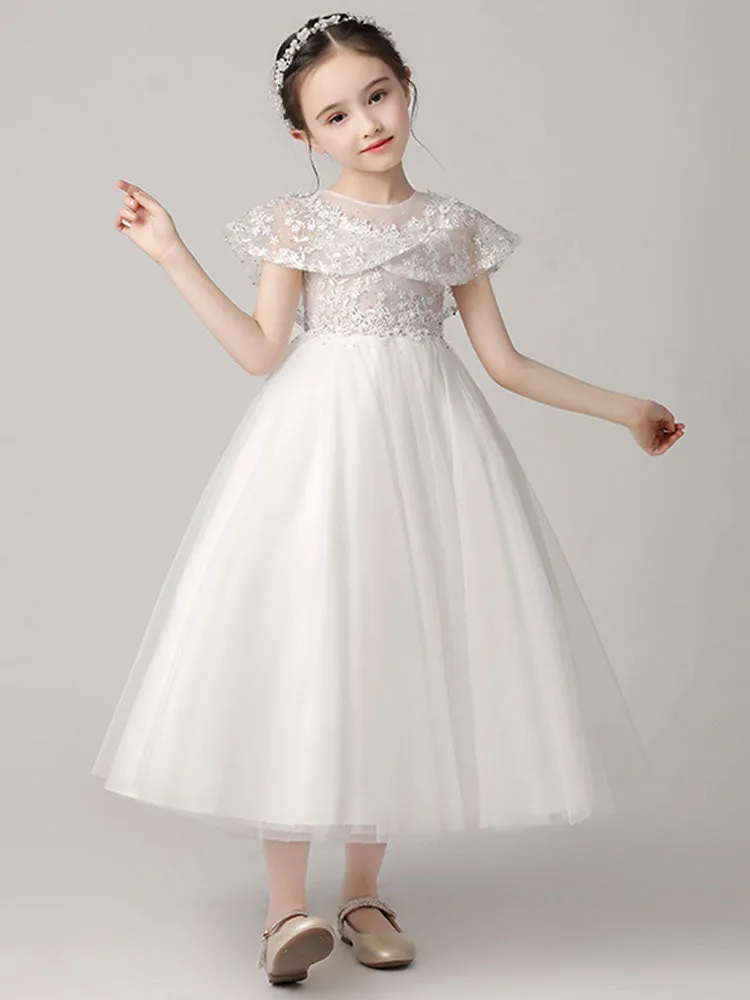 Pretty Jewel Neck Tulle Sleeveless Ankle Length Princess Embroidered Kids Party Dress