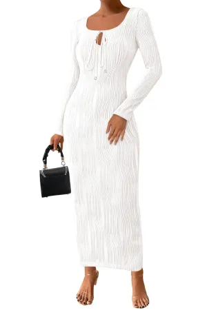 PRETTYGARDEN Cocktail Dresses for Women 2024 Fall Long Sleeve Tie Front Cut Out Bodycon Sexy Club Party Maxi Dress (WhiteX-Large)