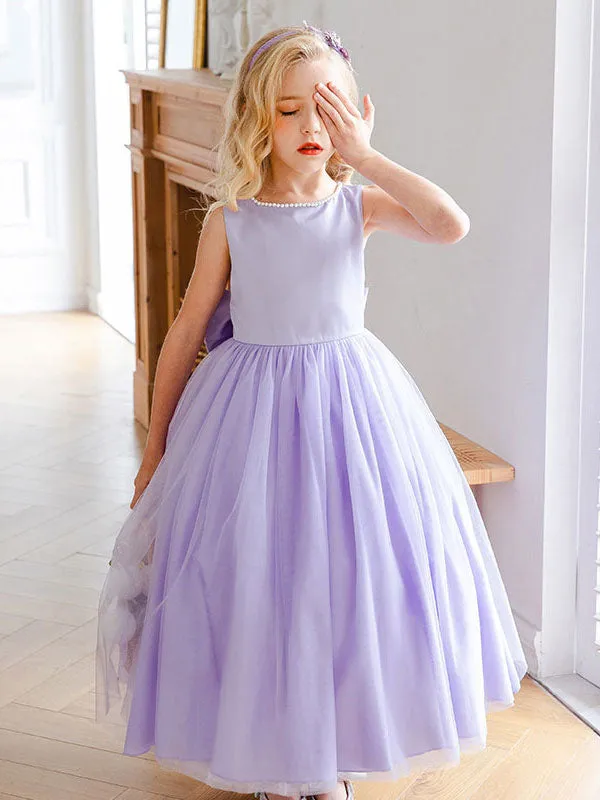 Purple Jewel Neck Sleeveless Polyester Tulle Beaded Kids Social Party Dresses