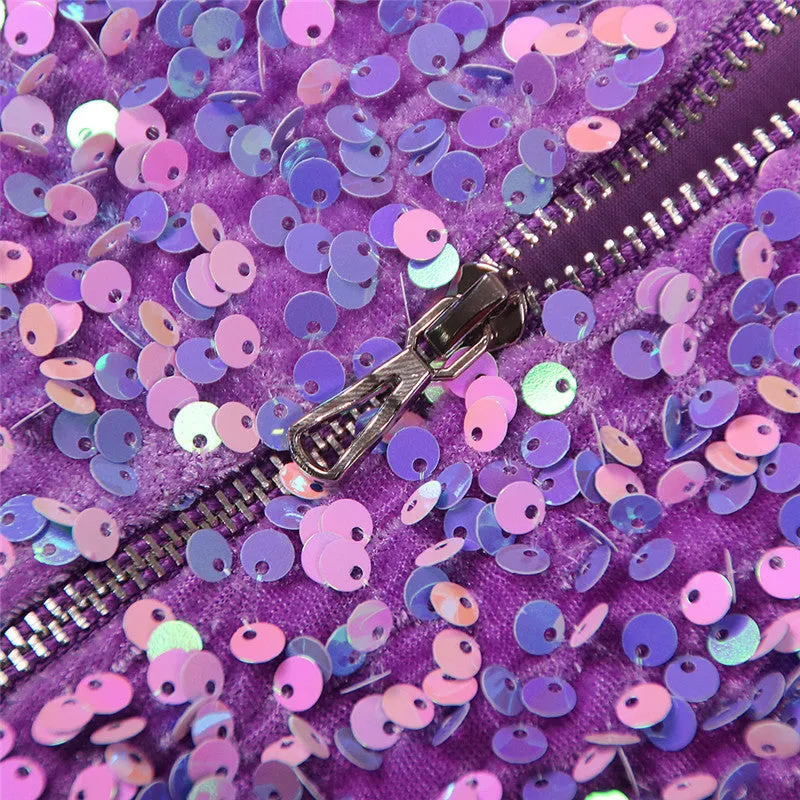 Purple One Shoulder Backless Sequin Midi Dress