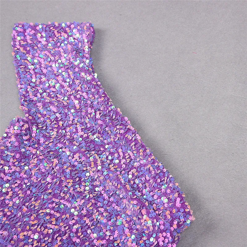 Purple One Shoulder Backless Sequin Midi Dress