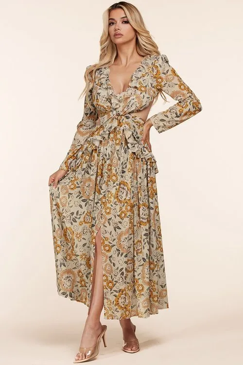 "MALAYSIA" FALL FLOWER PRINT CUTOUT LONG SLEEVE MAXI DRESS