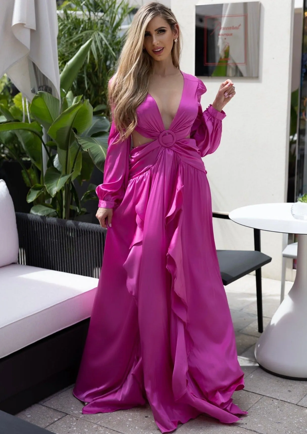 "MYKONOS" FUCHSIA CUT OUT LONG SLEEVE MAXI DRESS