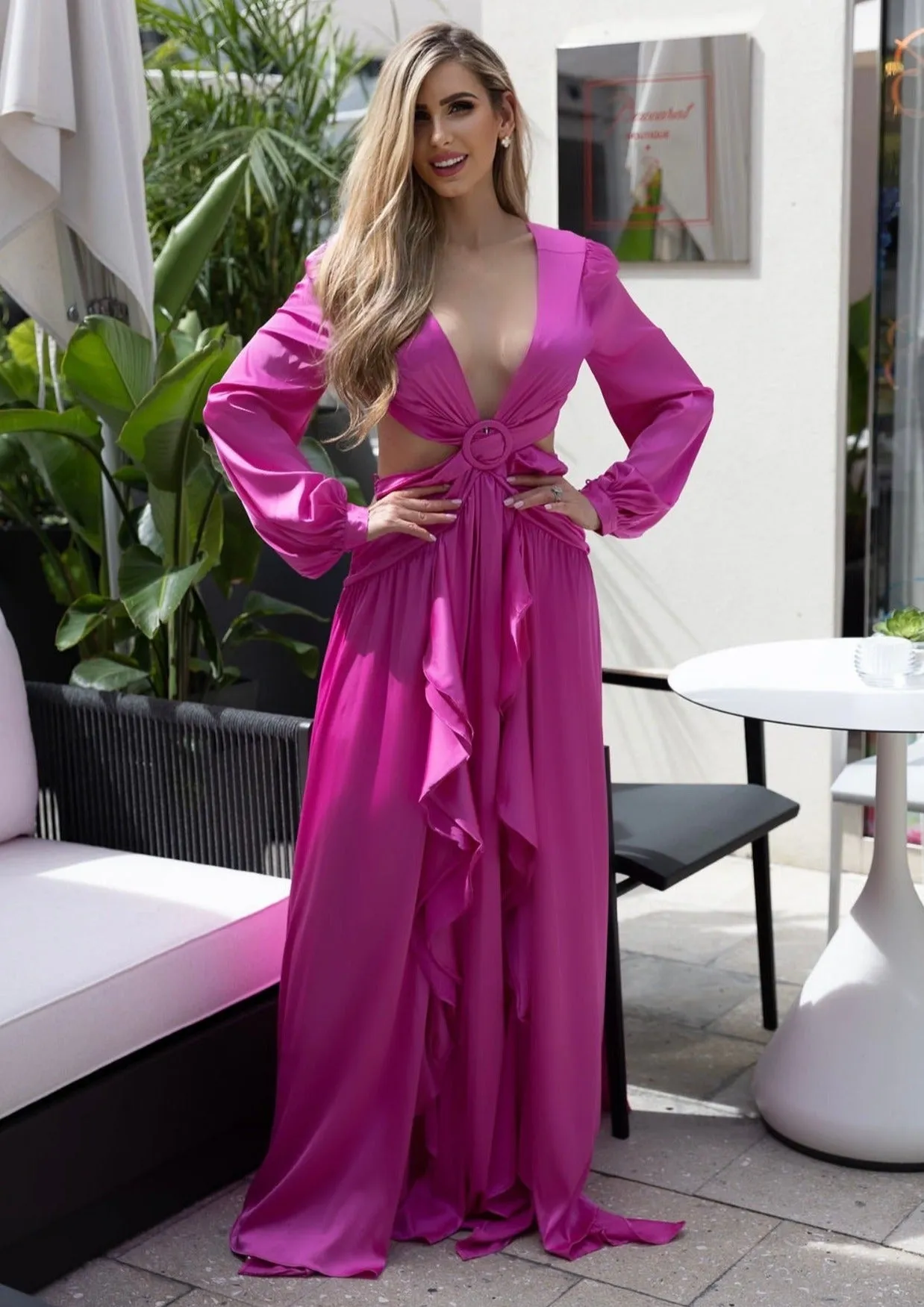 "MYKONOS" FUCHSIA CUT OUT LONG SLEEVE MAXI DRESS