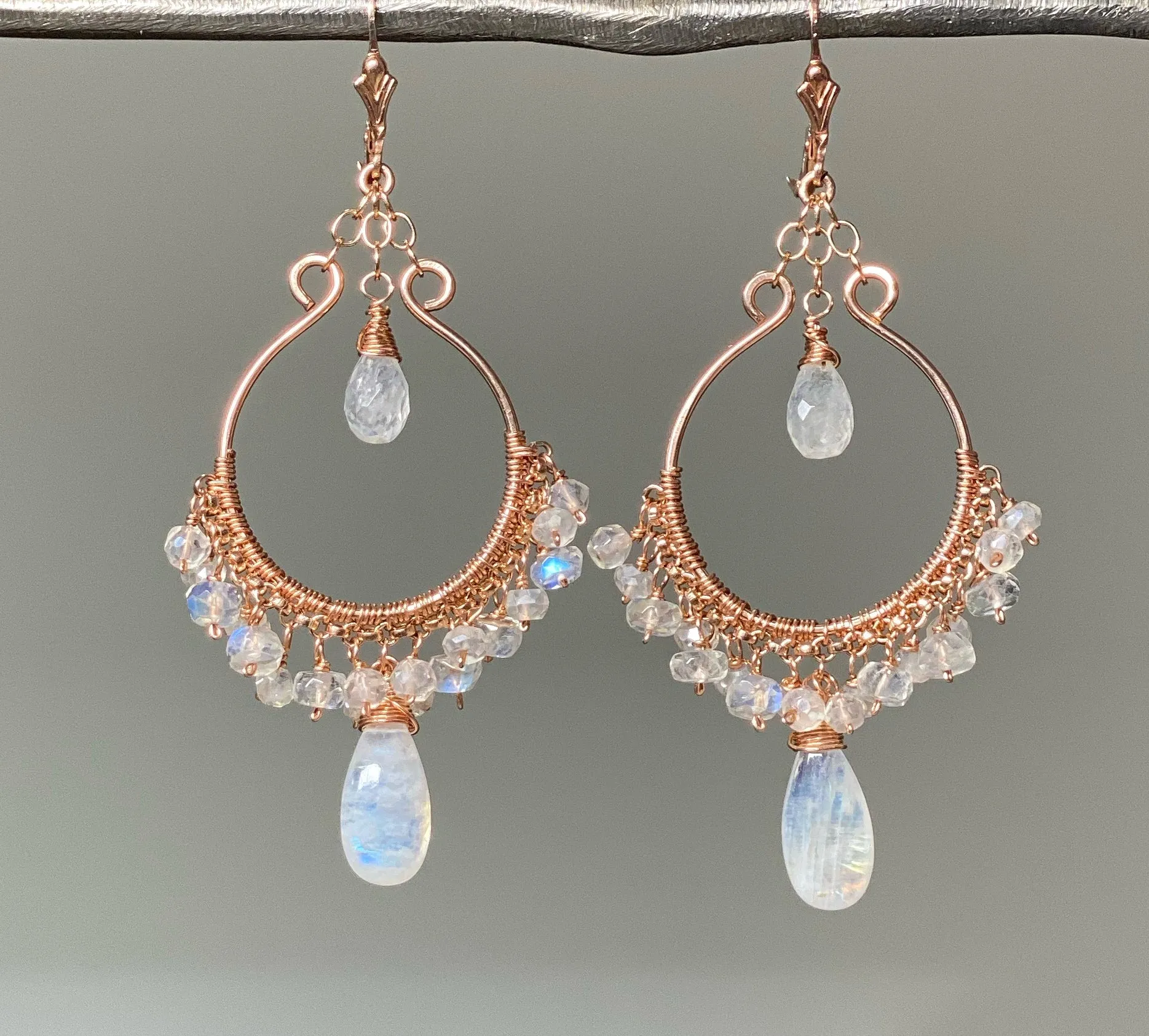 Rainbow Moonstone Rose Gold Hoop Chandelier Earrings
