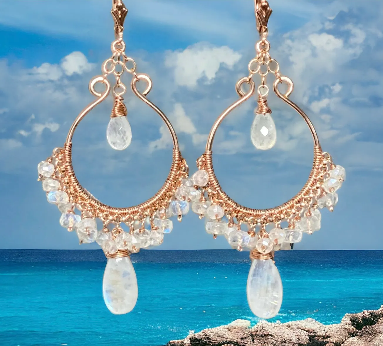 Rainbow Moonstone Rose Gold Hoop Chandelier Earrings