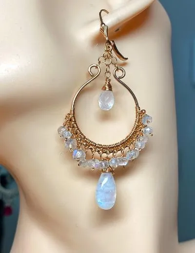 Rainbow Moonstone Rose Gold Hoop Chandelier Earrings