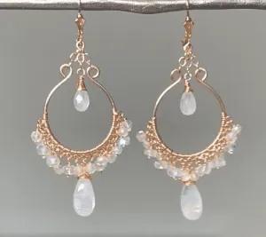 Rainbow Moonstone Rose Gold Hoop Chandelier Earrings