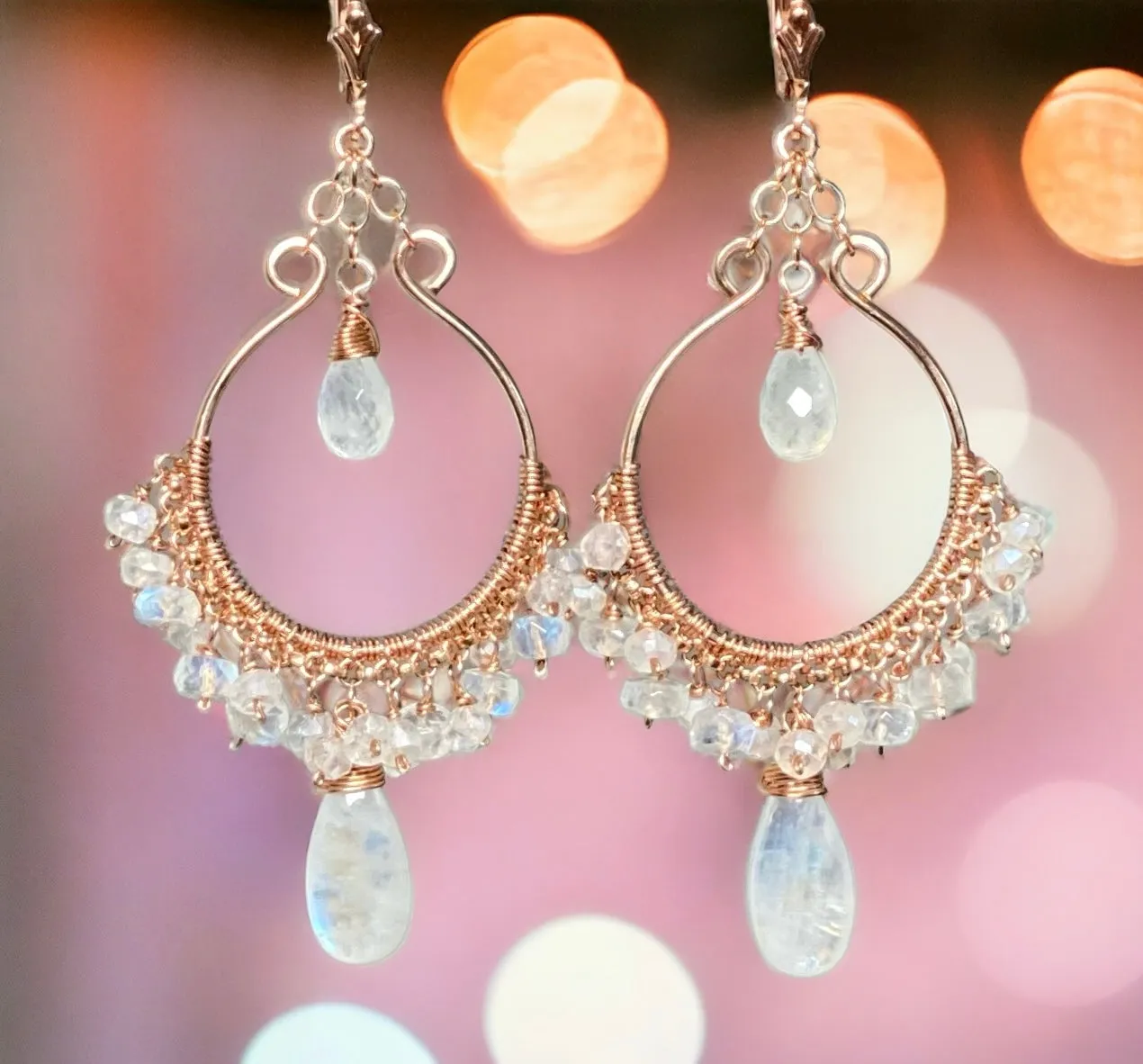 Rainbow Moonstone Rose Gold Hoop Chandelier Earrings