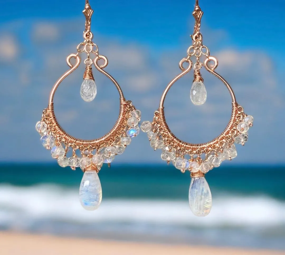 Rainbow Moonstone Rose Gold Hoop Chandelier Earrings