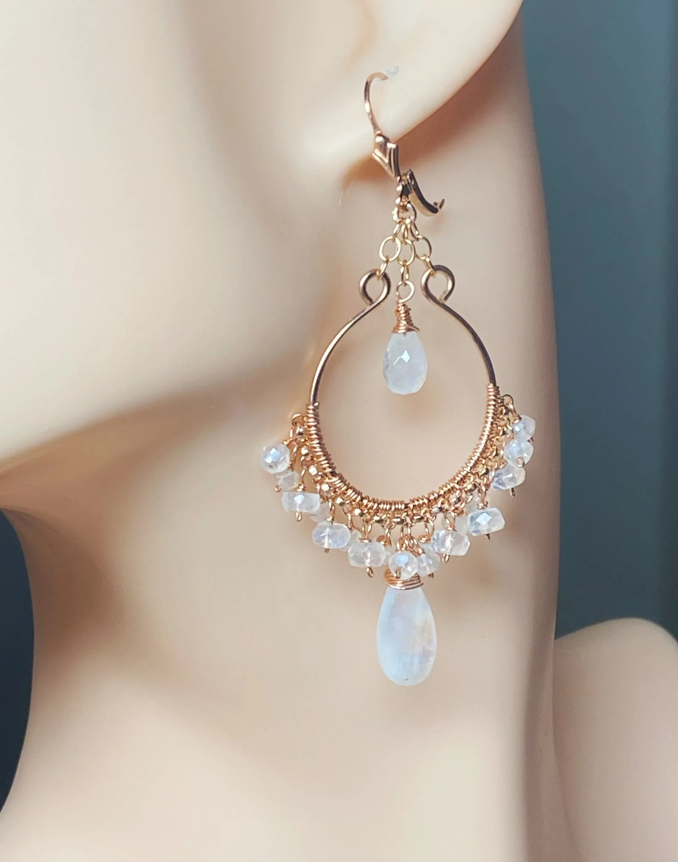 Rainbow Moonstone Rose Gold Hoop Chandelier Earrings