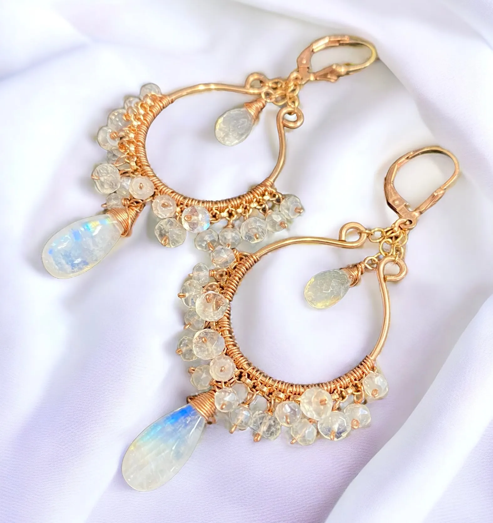 Rainbow Moonstone Rose Gold Hoop Chandelier Earrings