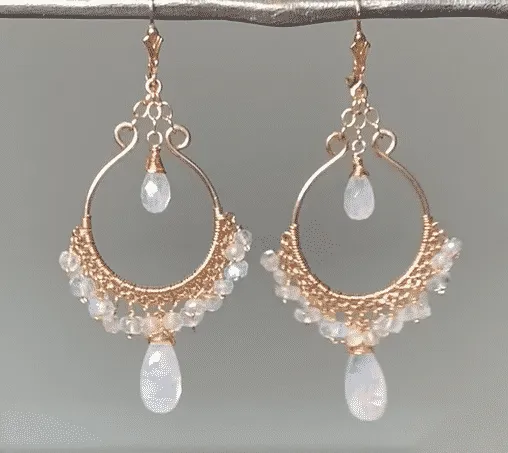 Rainbow Moonstone Rose Gold Hoop Chandelier Earrings