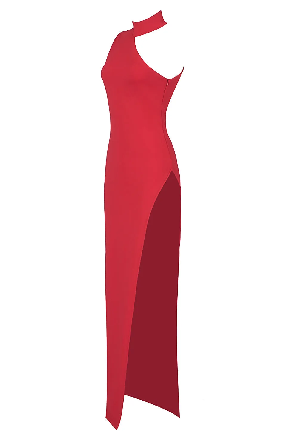 Red O Neck One Shoulder Sleeveless High Split Maxi Dress