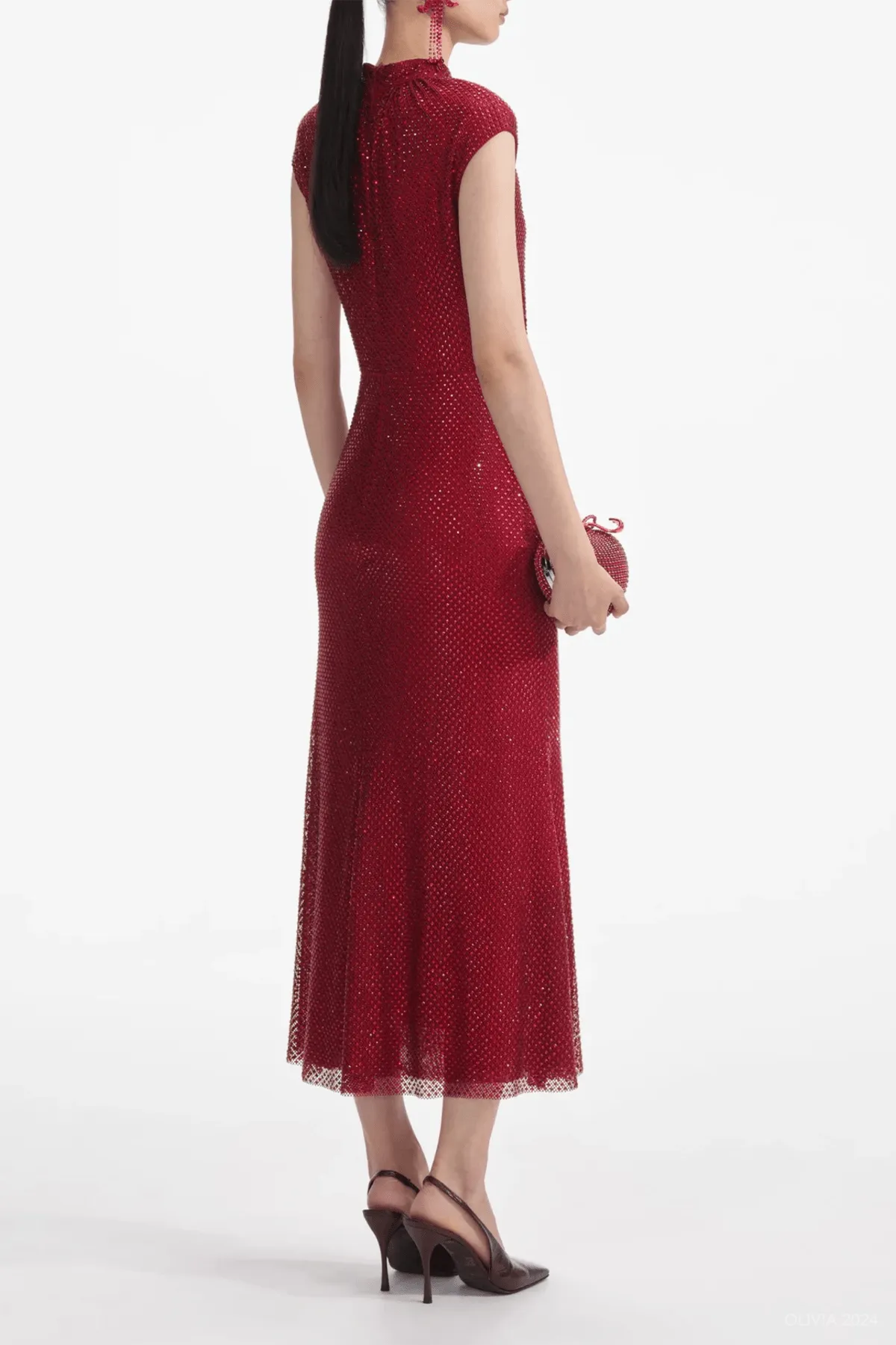 Red Rhinestone Fishnet Midi Dress