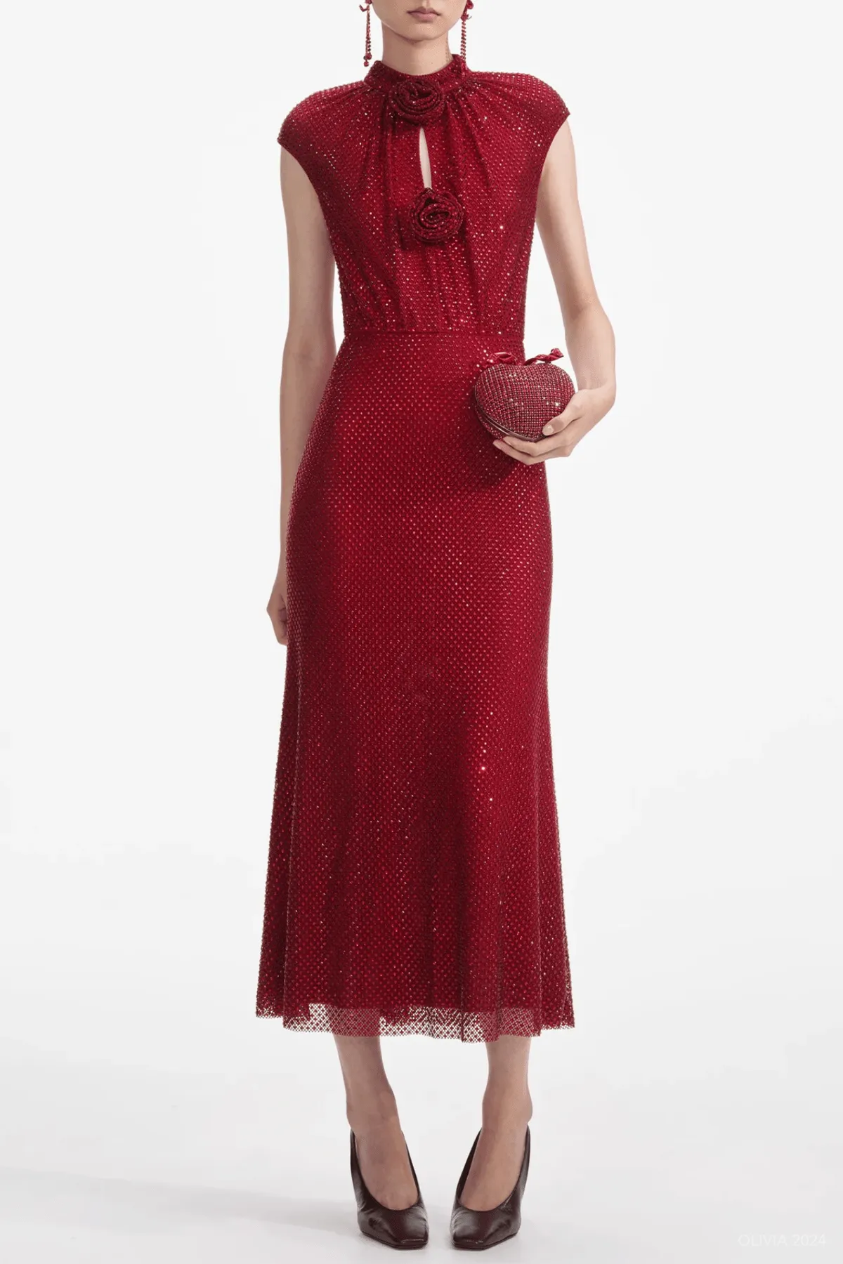 Red Rhinestone Fishnet Midi Dress