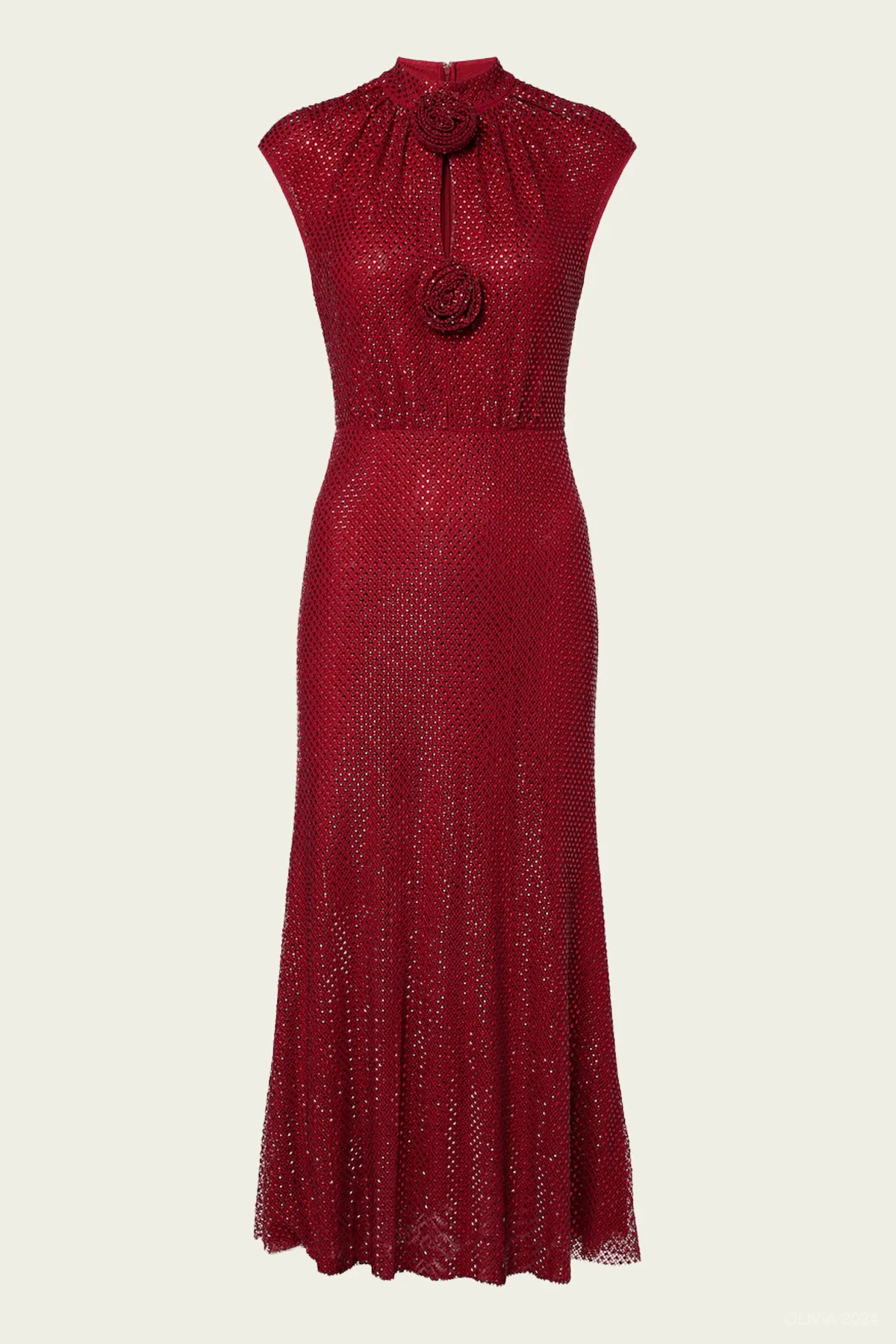 Red Rhinestone Fishnet Midi Dress