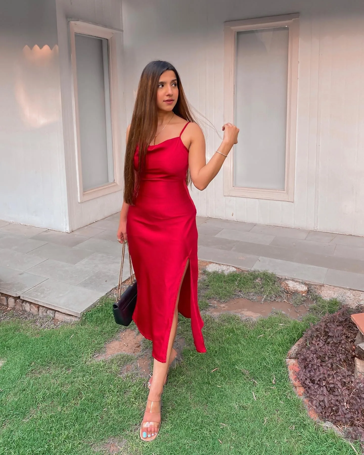 Red Slit Satin Party Wear Dress