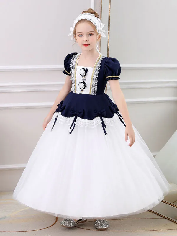 Red Square Neck Short Sleeves Ankle-Length Princess Tulle Flowers Kids Party Dresses