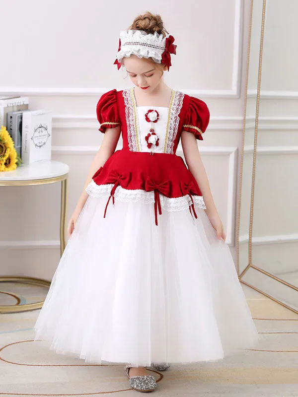 Red Square Neck Short Sleeves Ankle-Length Princess Tulle Flowers Kids Party Dresses