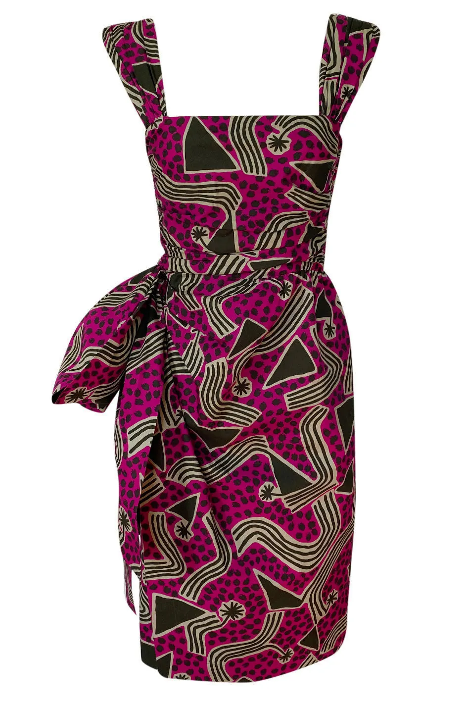 Resort 1983 Yves Saint Laurent Printed Cotton Hip Swag Sarong Dress