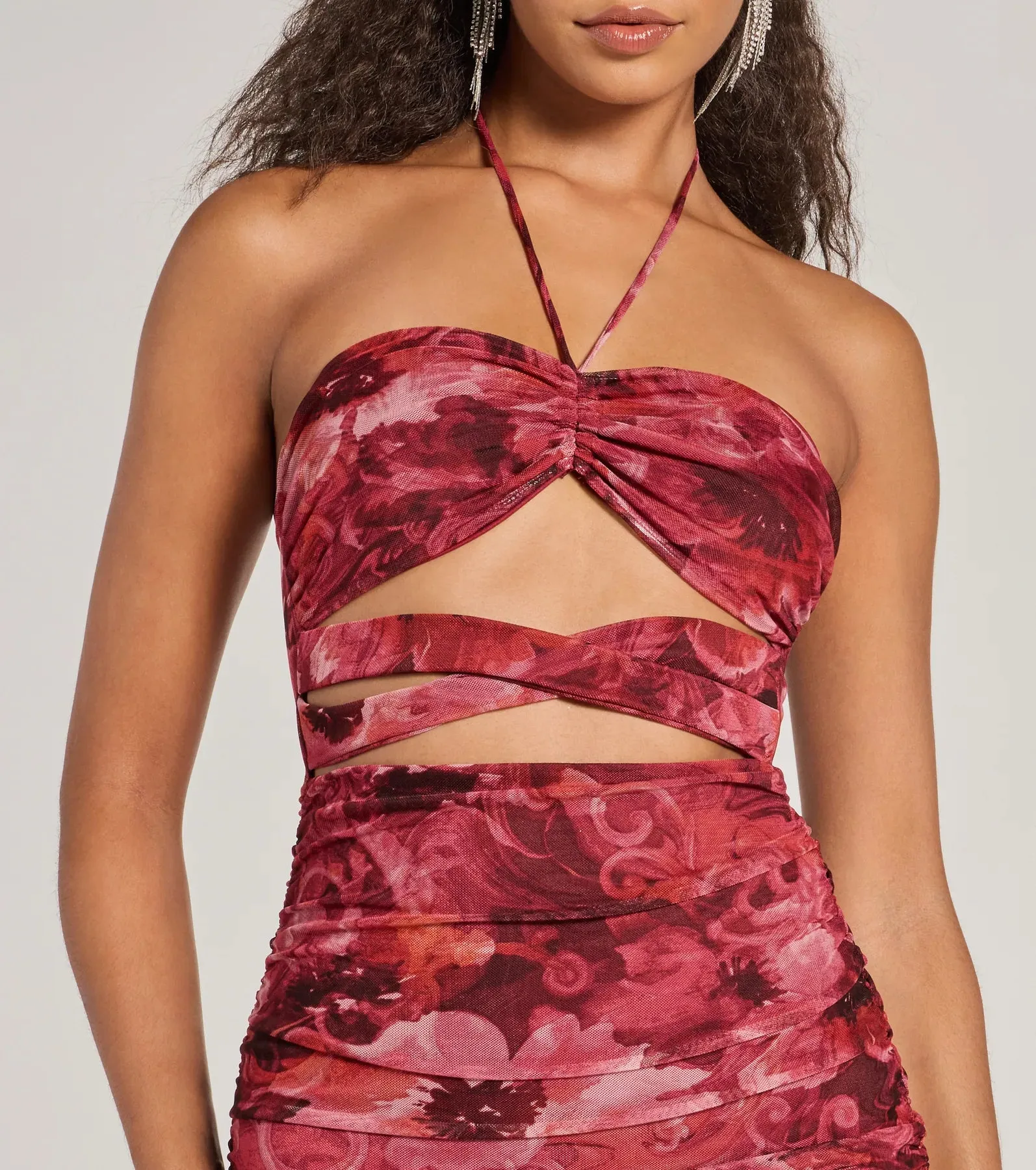 Resort Approved Halter Cutout Abstract Mini Dress