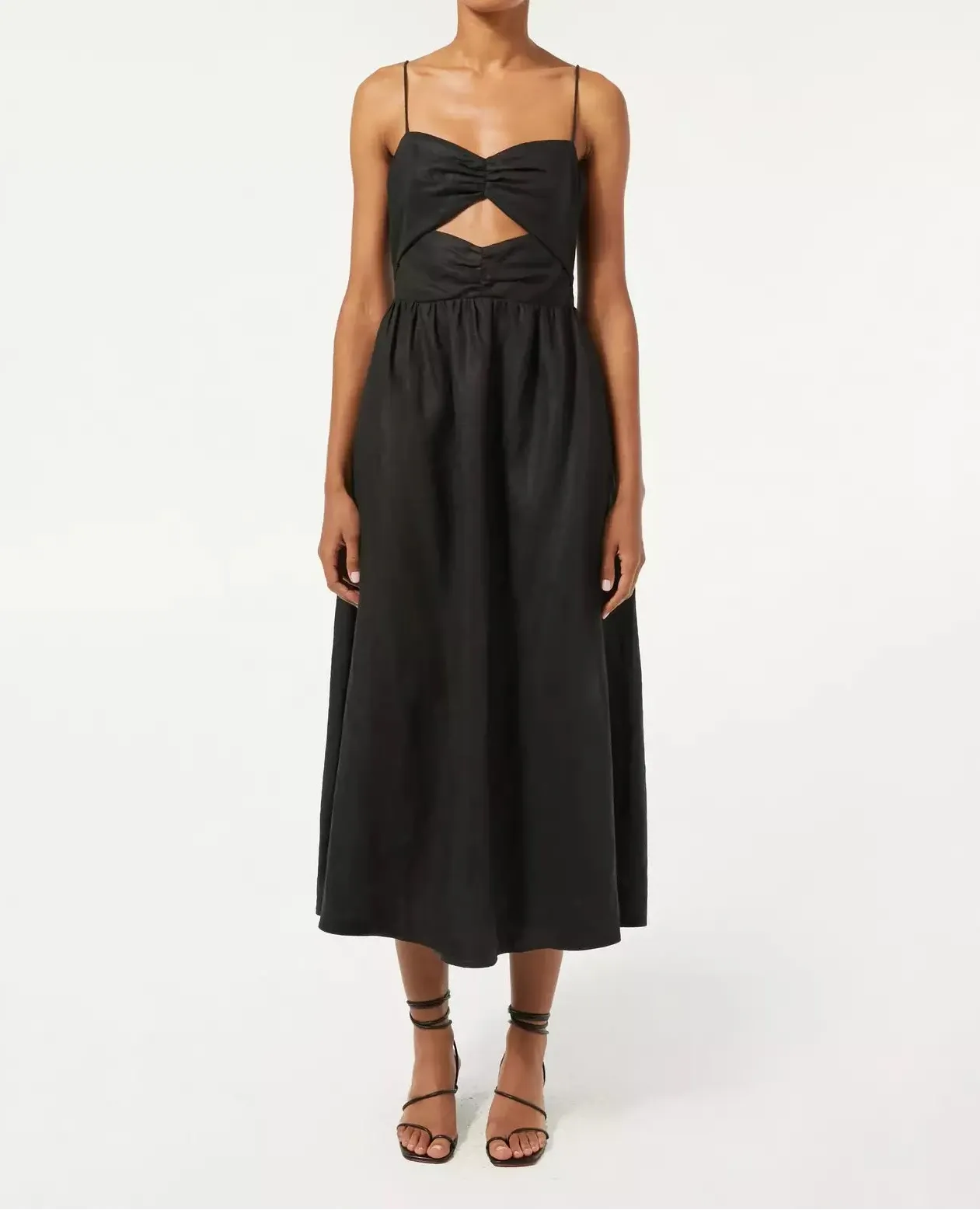 Rhode Resort Black Linen Kay Midi Dress UK 12