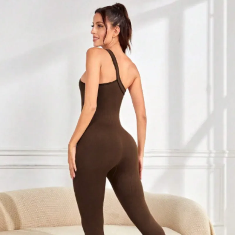 Ribbed One Shoulder Sleeveless Yoga Jumpsuit
