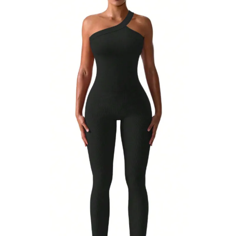 Ribbed One Shoulder Sleeveless Yoga Jumpsuit