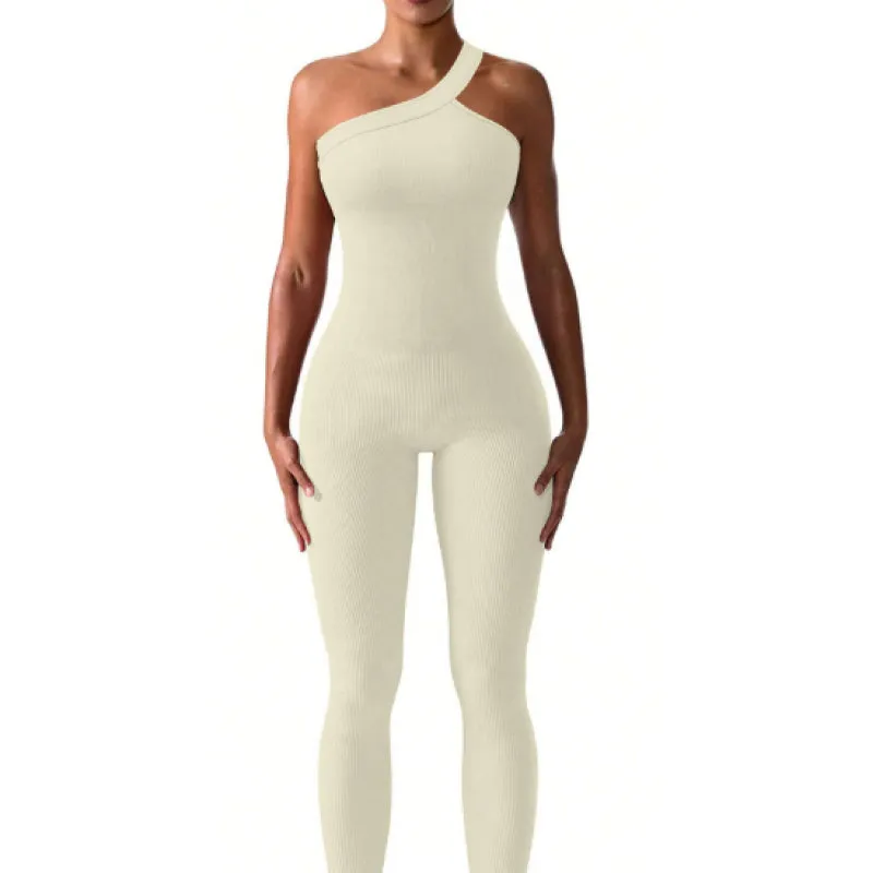 Ribbed One Shoulder Sleeveless Yoga Jumpsuit