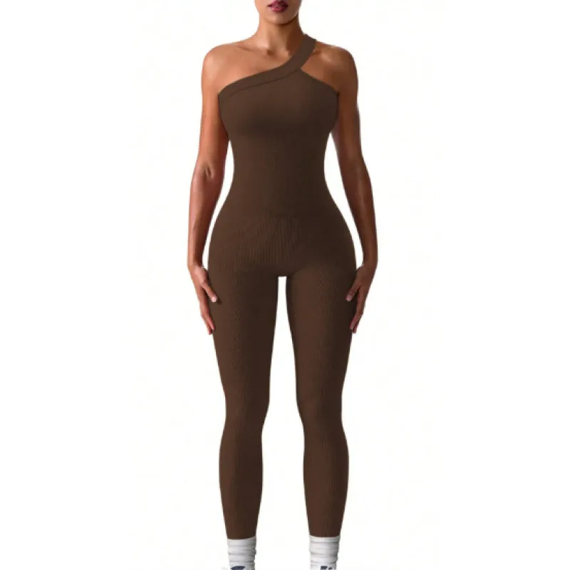 Ribbed One Shoulder Sleeveless Yoga Jumpsuit