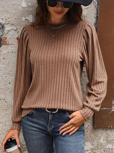 Ribbed Round Neck Puff Sleeve Top