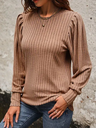Ribbed Round Neck Puff Sleeve Top