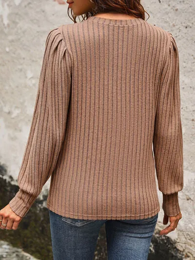 Ribbed Round Neck Puff Sleeve Top
