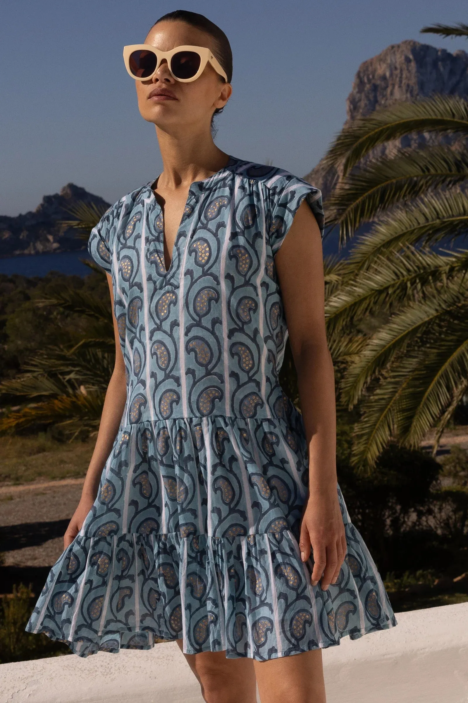 Roll Sleeve Goa Blue Dress