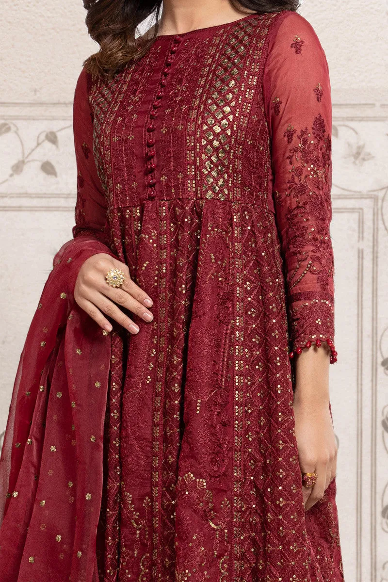 Royal Red Shade Chikankari Pakistani Party Dress in Long Frock Style