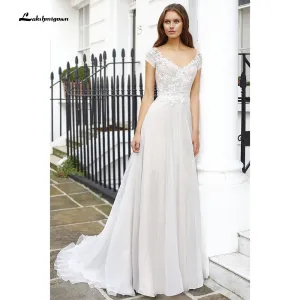 Roycebridal 2021 Vintage Newest V Neck Short Sleeve Lace Wedding Dress V Shape Back A Line Beach vistidos de festa de casamento lakshmigown