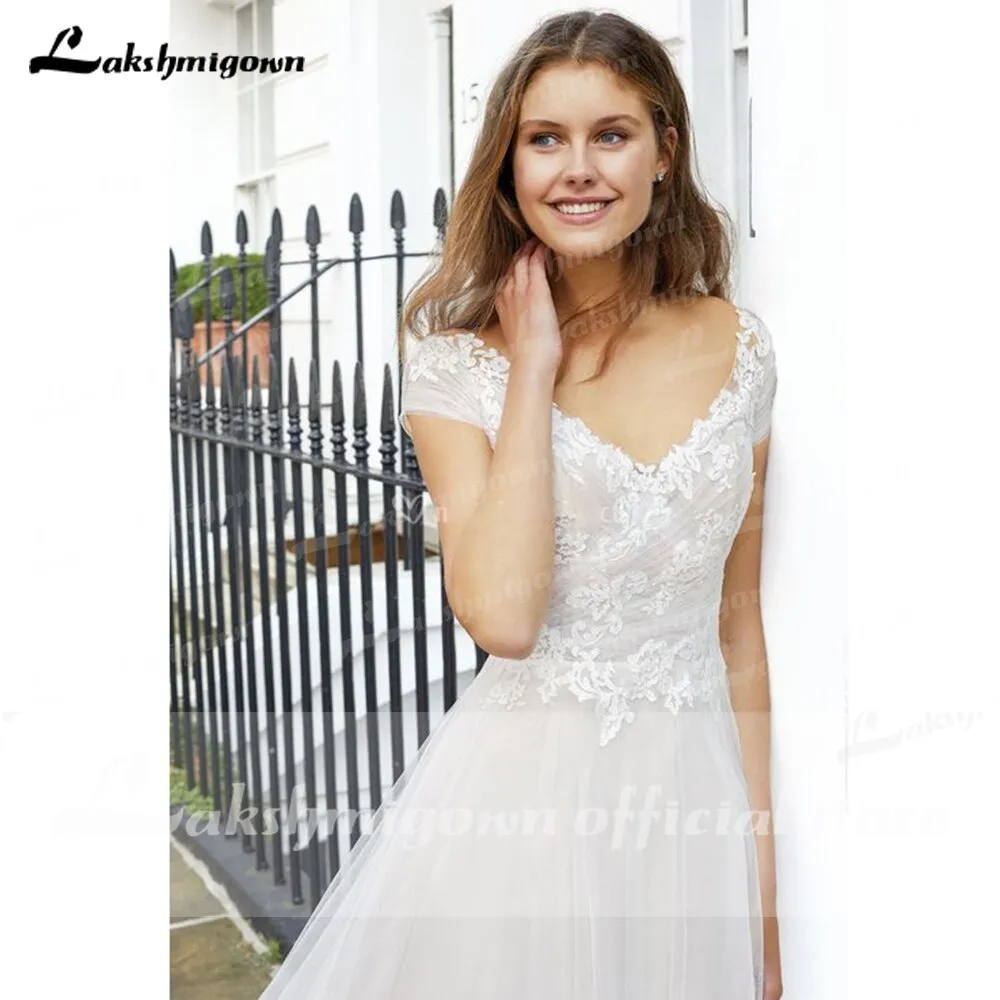 Roycebridal 2021 Vintage Newest V Neck Short Sleeve Lace Wedding Dress V Shape Back A Line Beach vistidos de festa de casamento lakshmigown