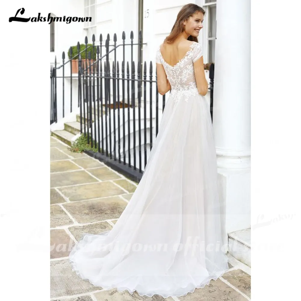 Roycebridal 2021 Vintage Newest V Neck Short Sleeve Lace Wedding Dress V Shape Back A Line Beach vistidos de festa de casamento lakshmigown