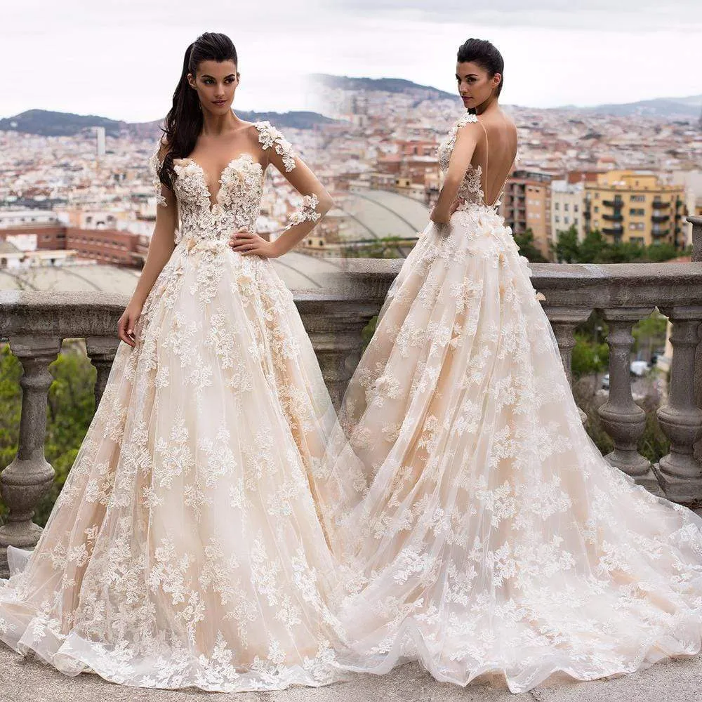 Roycebridal 3D Floral Appliques Lace Wedding Dresses Vintage Champagne