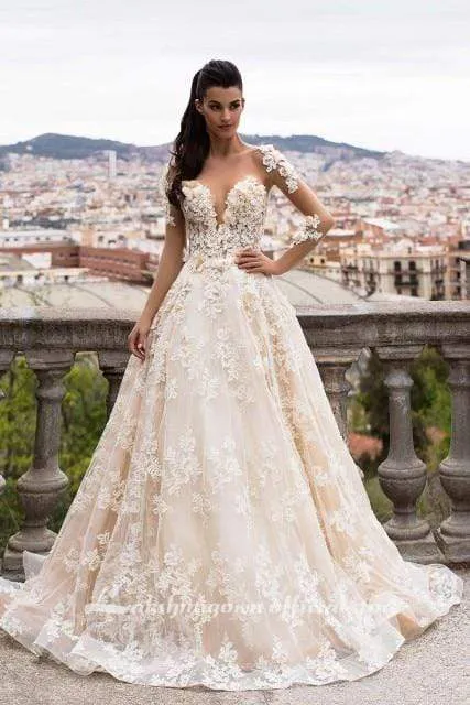 Roycebridal 3D Floral Appliques Lace Wedding Dresses Vintage Champagne