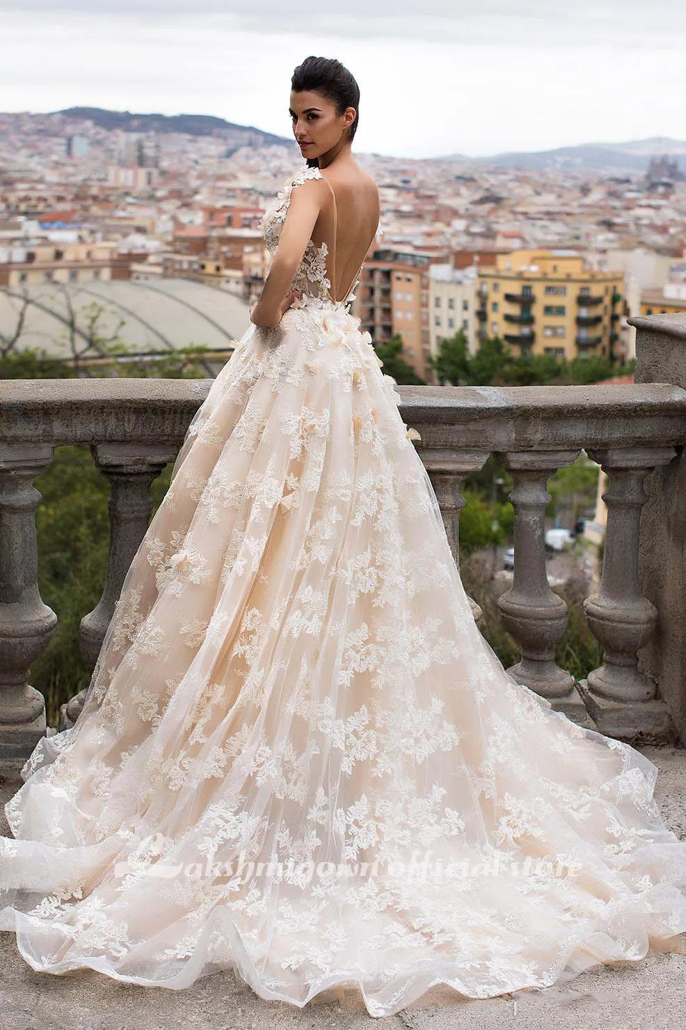Roycebridal 3D Floral Appliques Lace Wedding Dresses Vintage Champagne
