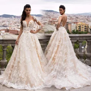 Roycebridal 3D Floral Appliques Lace Wedding Dresses Vintage Champagne