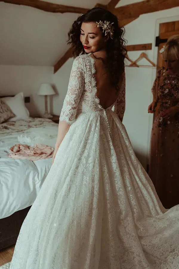 Roycebridal A-line Lace Half Sleeves Backless Vintage Wedding Dresses, Bridal Gown, MW776