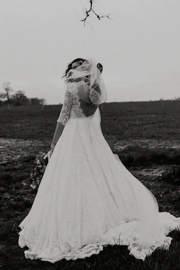 Roycebridal A-line Lace Half Sleeves Backless Vintage Wedding Dresses, Bridal Gown, MW776