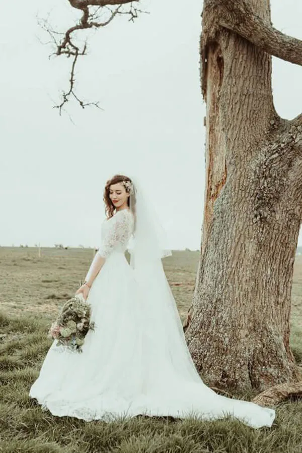 Roycebridal A-line Lace Half Sleeves Backless Vintage Wedding Dresses, Bridal Gown, MW776