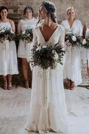 Roycebridal A-line Long Sleeve Deep V-neck Lace Backless Wedding Dresses Long Bridal Dresses,MW343