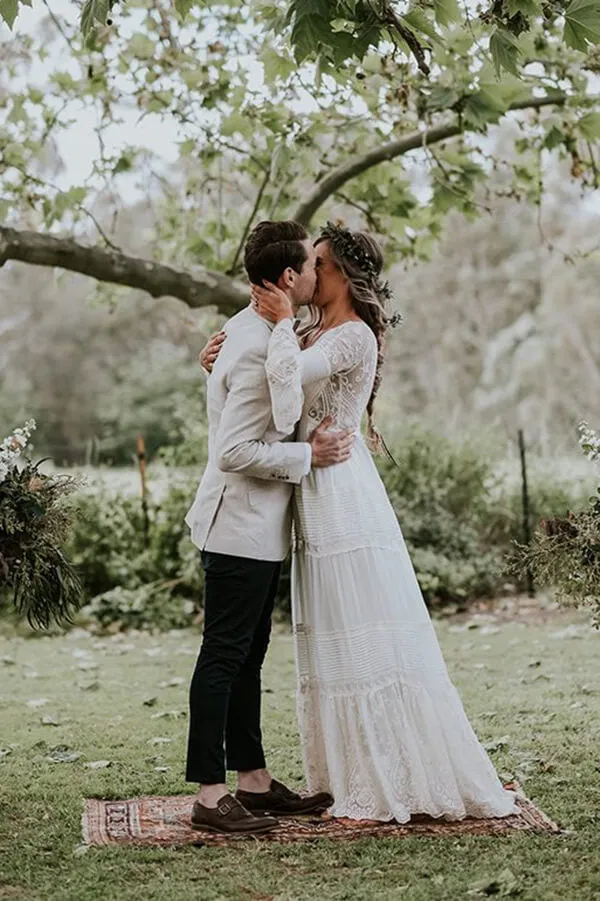 Roycebridal A-line Long Sleeve Deep V-neck Lace Backless Wedding Dresses Long Bridal Dresses,MW343