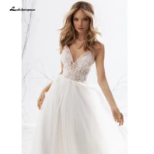 Roycebridal A Line Long Sleeve V Neck Lace Backless Wedding Dresses